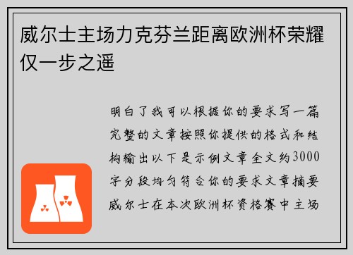 威尔士主场力克芬兰距离欧洲杯荣耀仅一步之遥